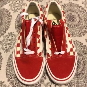 New, never worn, red laced checkered vans!